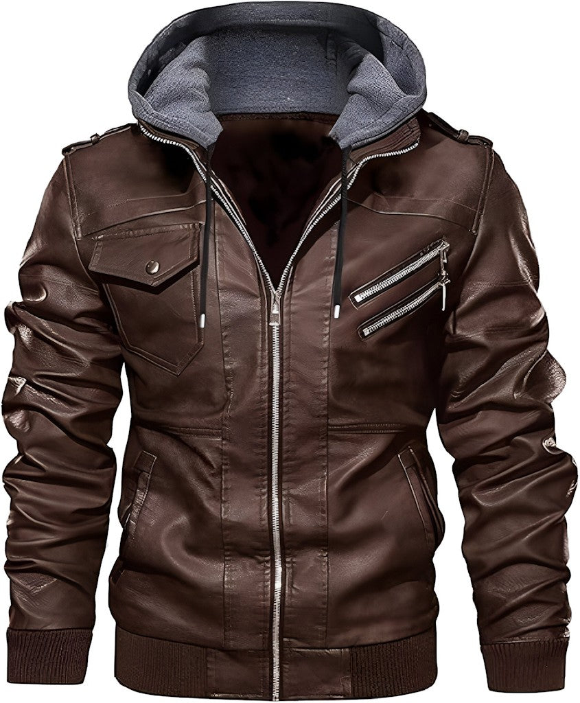 Men's Faux Leather Hooded Zip-Up Motorcycle Jacket  Size 20X20 CM