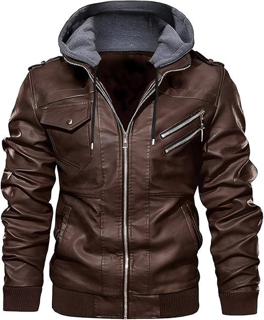 Men's Faux Leather Hooded Zip-Up Motorcycle Jacket  Size 20X20 CM